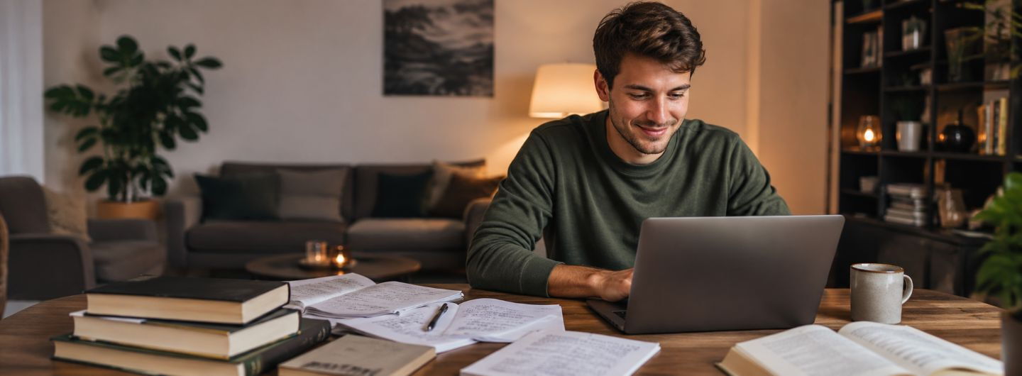 ein junger Mann sitzt lächelnd am Laptop und lernt