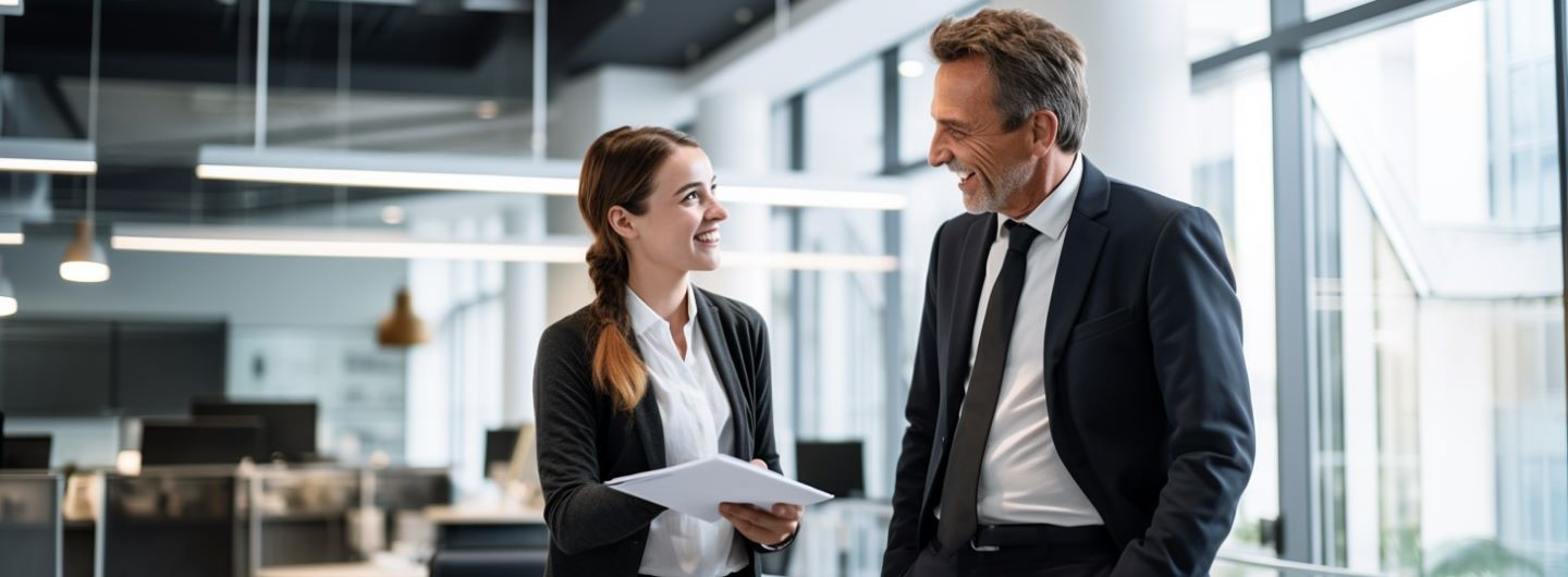 Managementassistent Weiterbildung: Eine Managementassistentin im Gespräch mit ihrem Chef, beide lachen