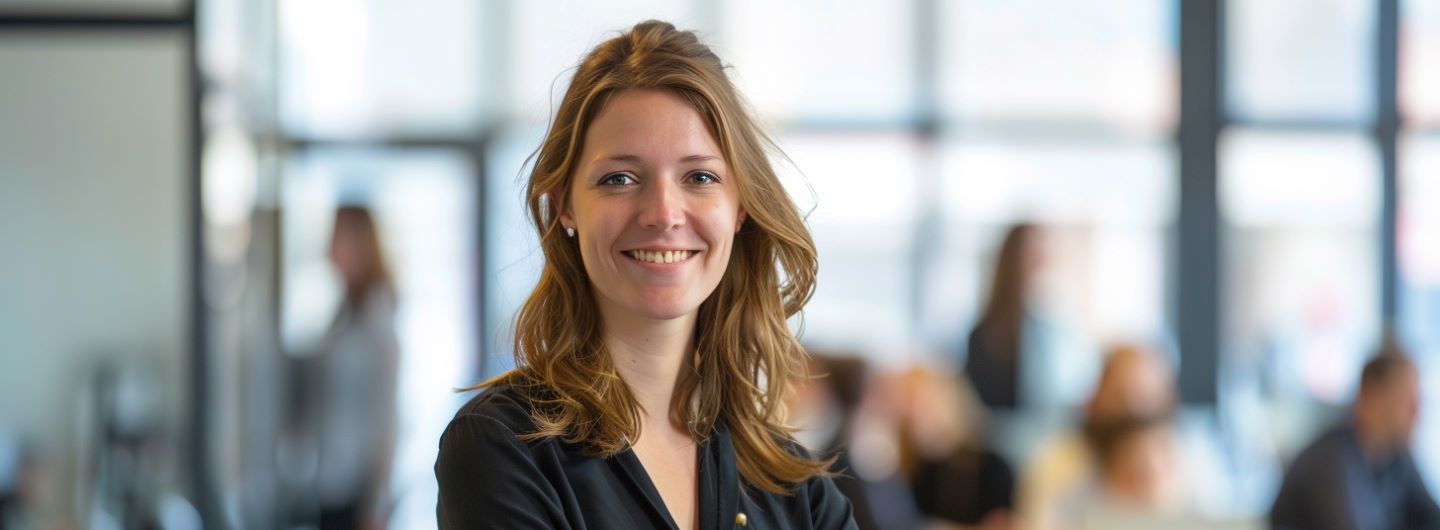 Agile Team Facilitator Weiterbildung: ein Agile Leader steht lächelnd in einem Großraumbüro vor Kollegen