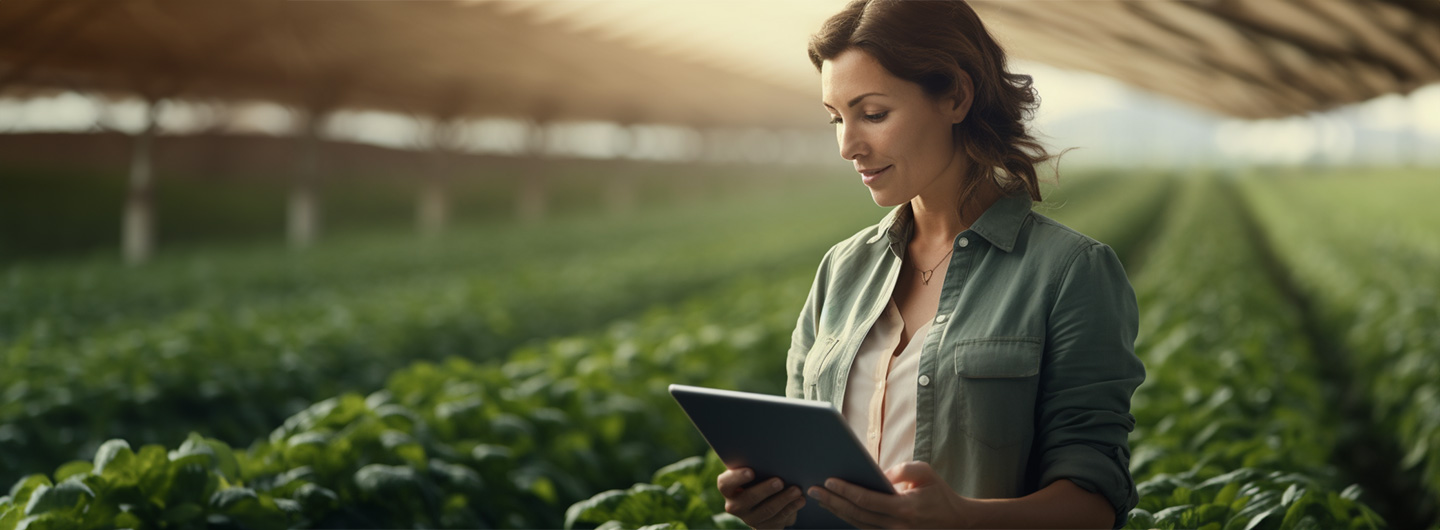Agrarmanagement Studium: eine Frau mit einem Tablet in der Hand steht auf einem Feld