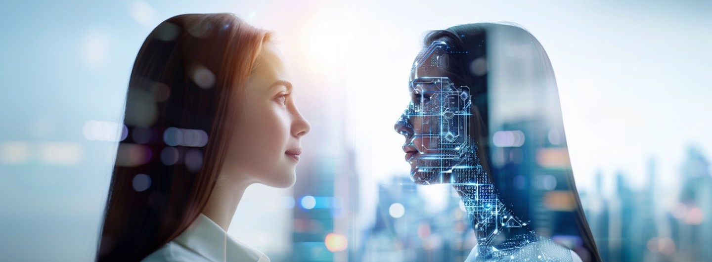 AI Engineer Weiterbildung: eine menschliche Businessfrau und eine KI generierte Businessfrau gucken sich an