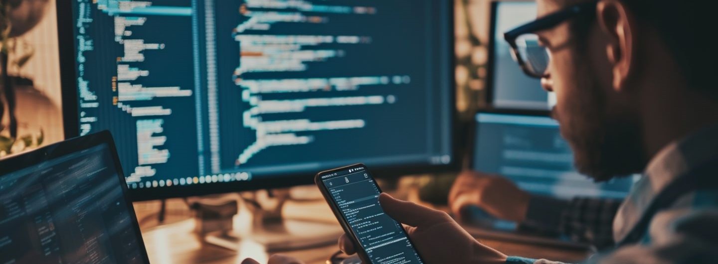 Android App-Programmierer Weiterbildung: Männlicher Programmierer entwickelt eine neue App auf einem mobilen Endgerät