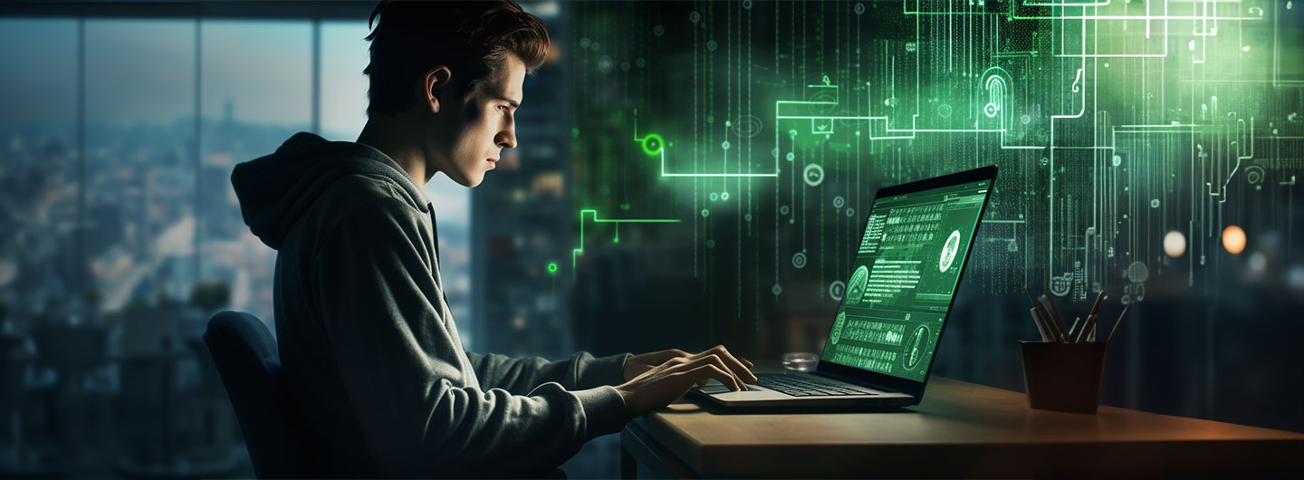Angewandte Informatik Studium: ein Mann arbeitet an seinem Laptop