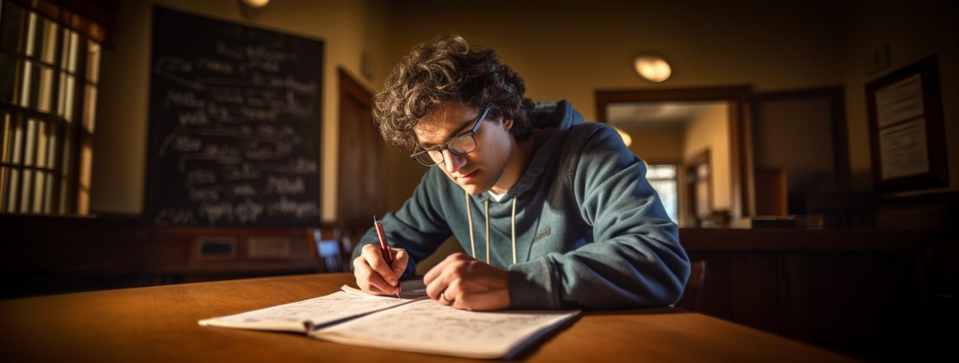 Mathematiker sitzt an einem Schreibtisch und löst eine mathematische Aufgabe