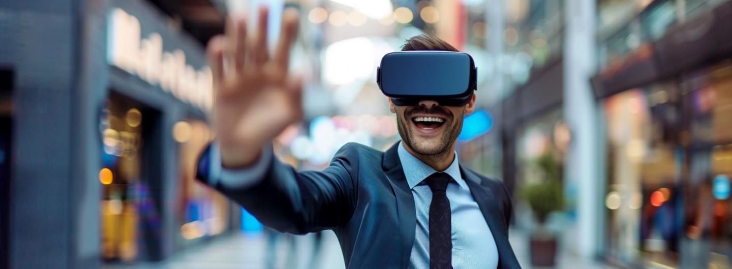 AR/VR/XR Development und Design Studium: ein junger Mann hat eine VR-Brille auf und gestikuliert lächelnd