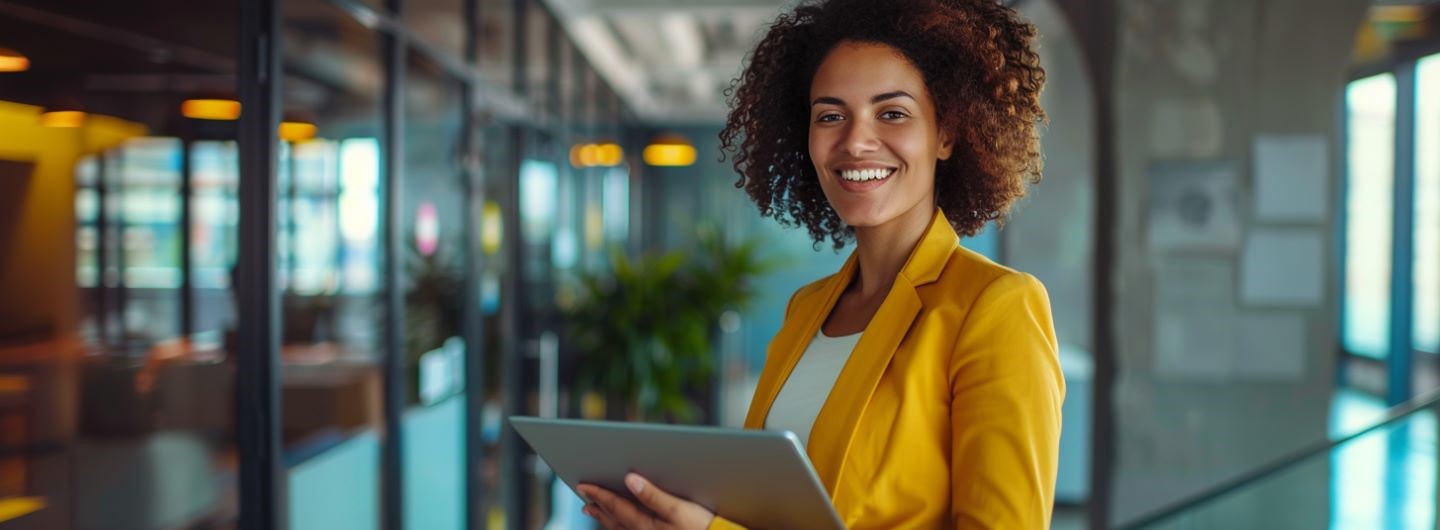 Berater für Digitalisierung Weiterbildung: eine sympathische Businessfrau steht in einem modernen Büro mit einem Tablet in der Hand