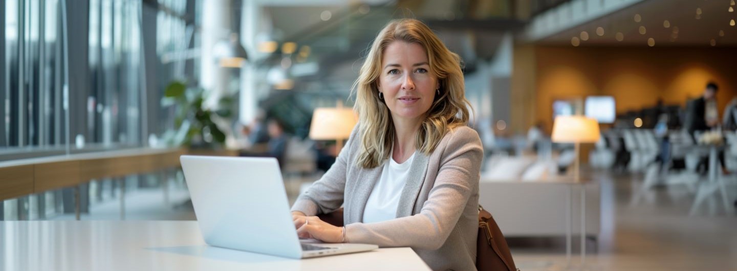 Blogs für Unternehmen Weiterbildung: eine Bloggerin für Unternehmen sitzt am Laptop und lächelt in die Kamera
