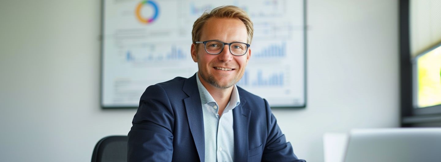 Business Data Engineer Weiterbildung: ein Business Data Engineer sitzt in seinem Büro und lächelt in die Kamera