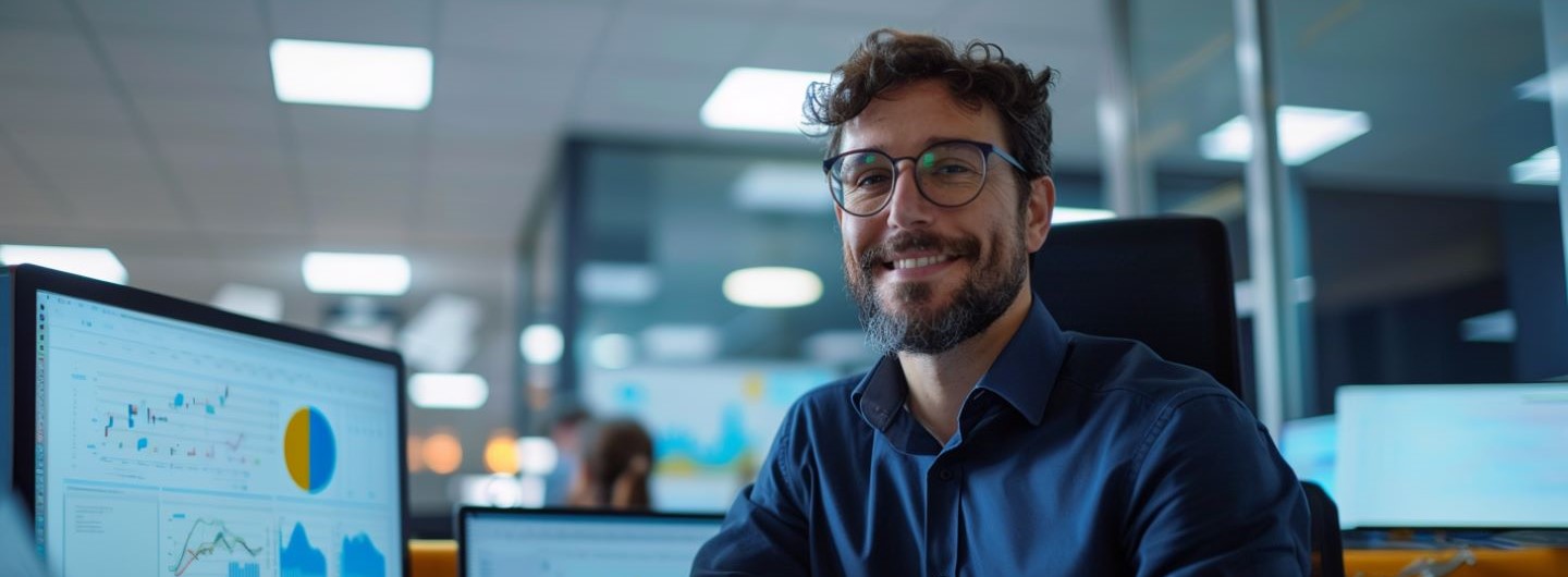 Lächelnder Business Idea Analyst arbeitet an einem Bildschirm mit Reports: Lächelnder Business Analyst arbeitet an einem Bildschirm mit Reports