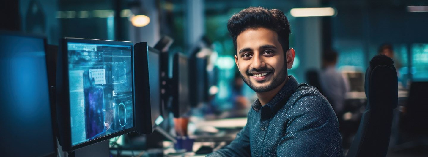 C++-Programmierer Weiterbildung: Ein Programmierer am PC lächelt zufrieden in die Kamera