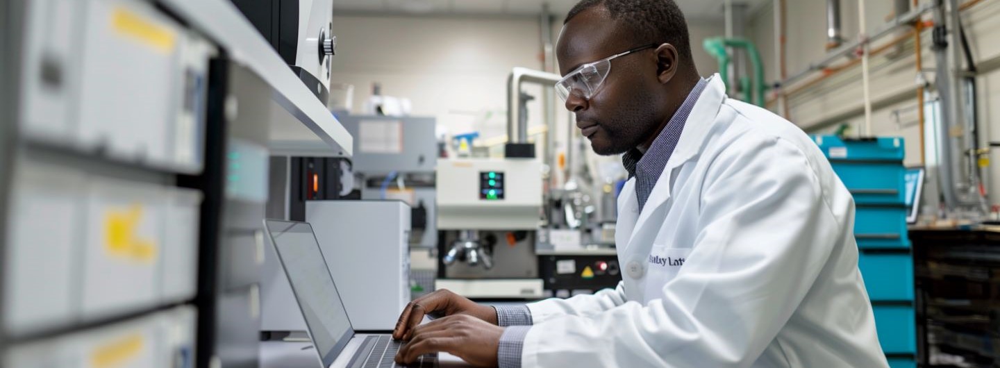Computational Chemistry Studium: ein Laborant sitzt nach einem chemischen Versuch am Laptop