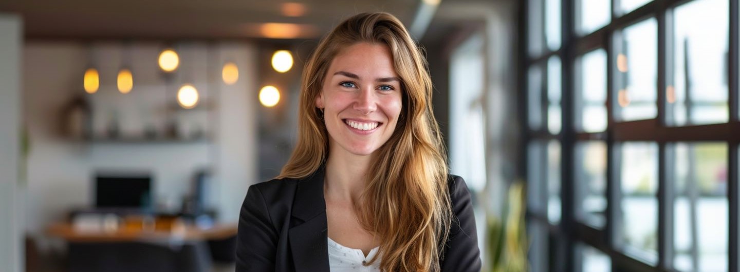 Corporate Communication Manager Weiterbildung: eine Corporate Communication Managerin steht in einem modernen Büro und lächelt in die Kamera