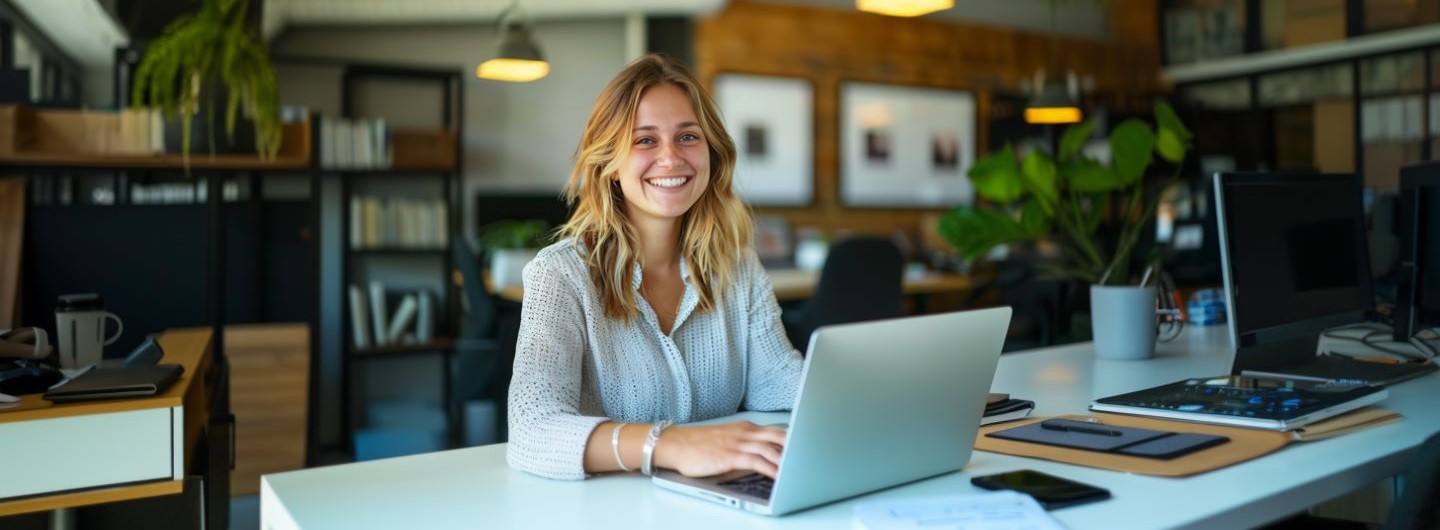 Creative Solution Designer Weiterbildung: Lächelnde Frau arbeitet in einem Büro am Laptop