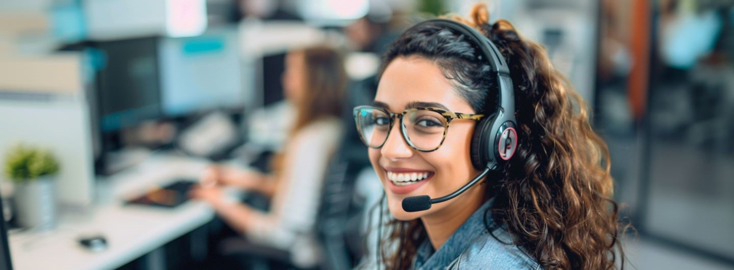 Customer Service Management Weiterbildung: Eine junge Frau mit Kopfhörer sitzt in einem Büro und lächelt