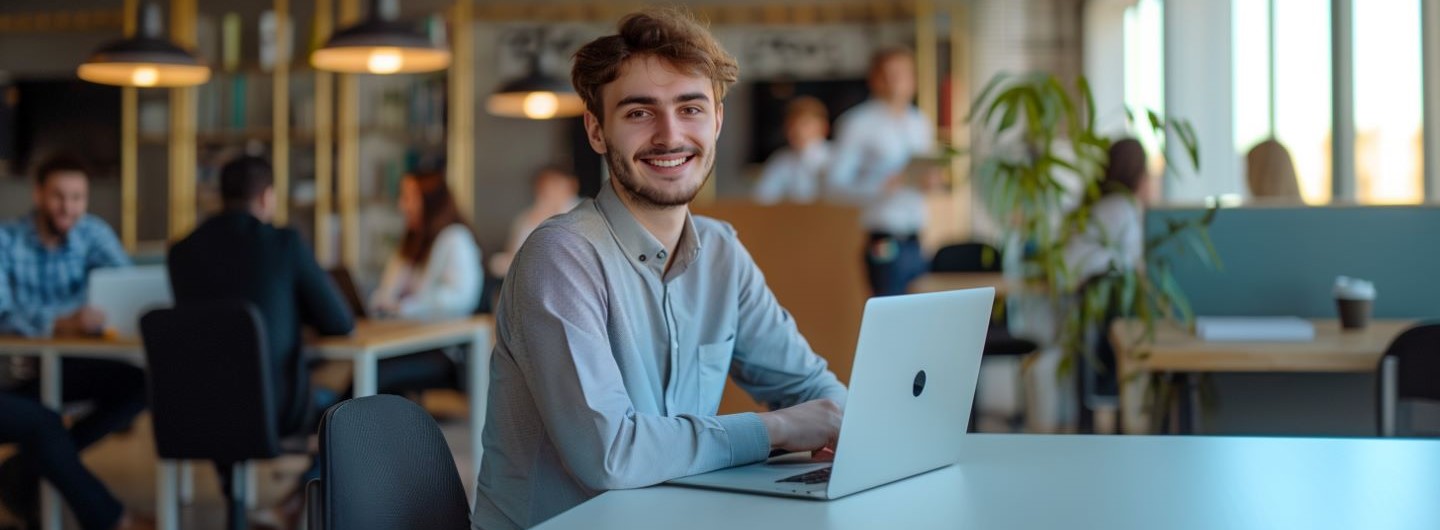 Data Analyst Weiterbildung: Mann arbeitet in einem Großraumbüro an einem Laptop