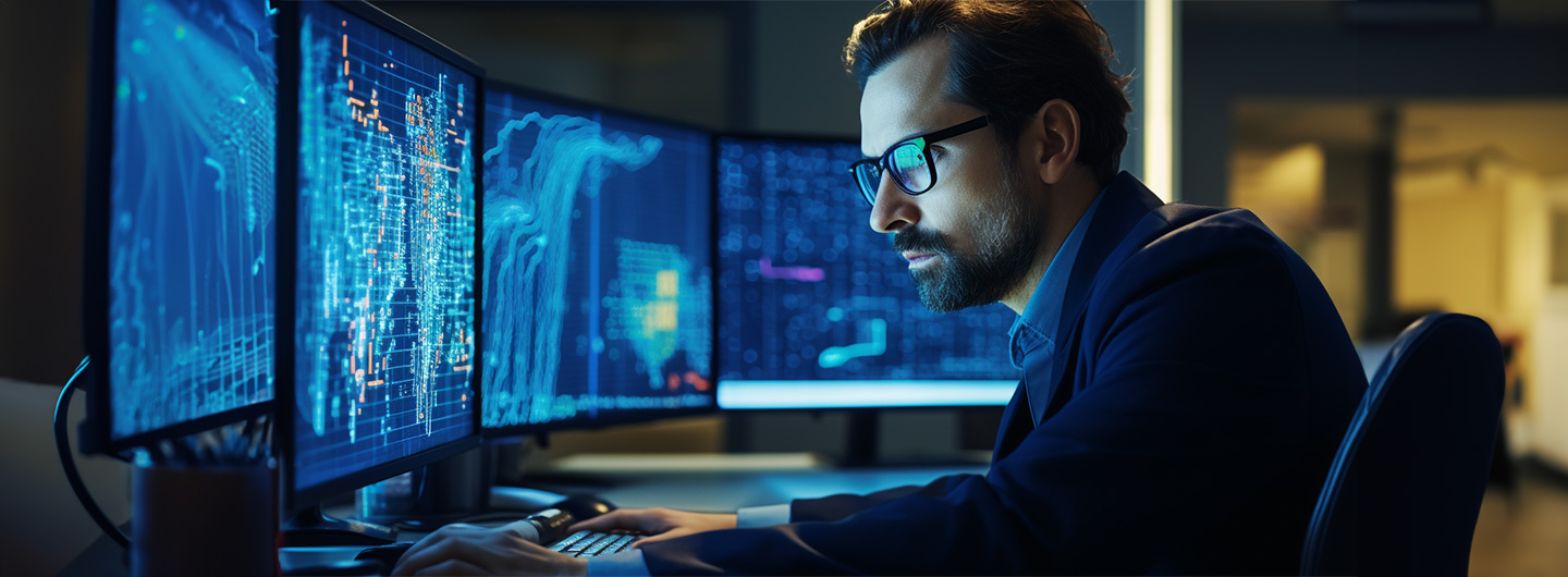 Data Science Studium: ein Mann sitzt am Computer und macht eine Datenanalyse
