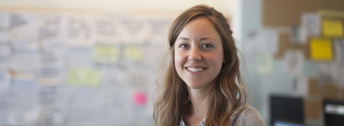 Design Thinking Coach Weiterbildung: Lächelnde Frau steht vor einem Whiteboard