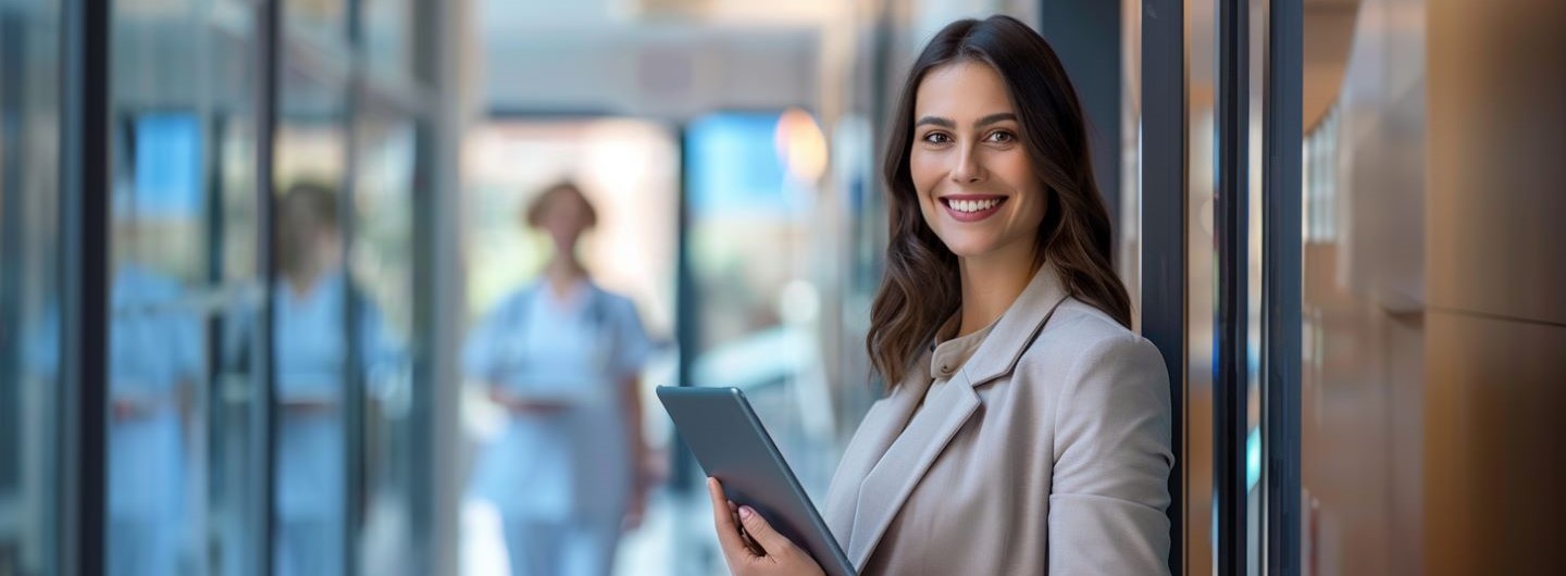 Digital Health Consultant Weiterbildung: eine Business Frau steht mit einem Tablet in einem Krankenhausflur