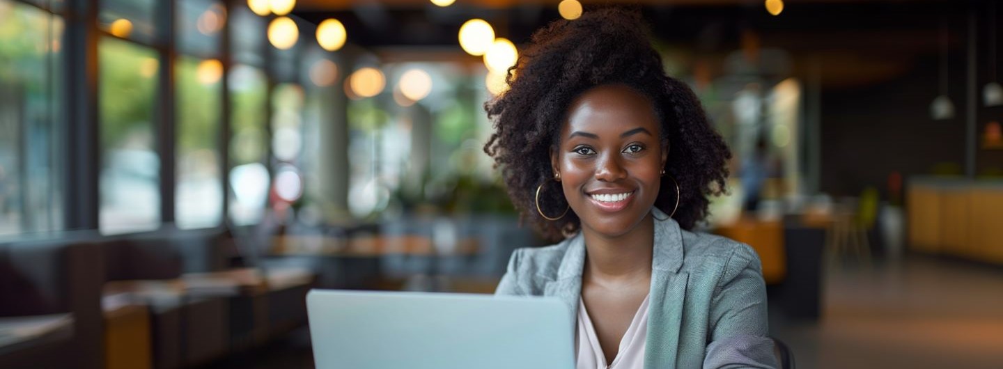 Digital Process Expert Weiterbildung: eine Digital Process Expertin sitzt am Laptop in einem modernen Großraumbüro
