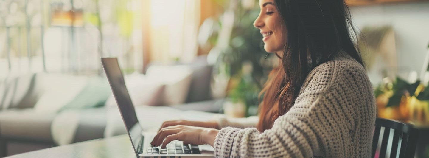 E-Mail Marketing Weiterbildung: eine junge Marketingmitarbeiterin tippt lächelnd am Laptop