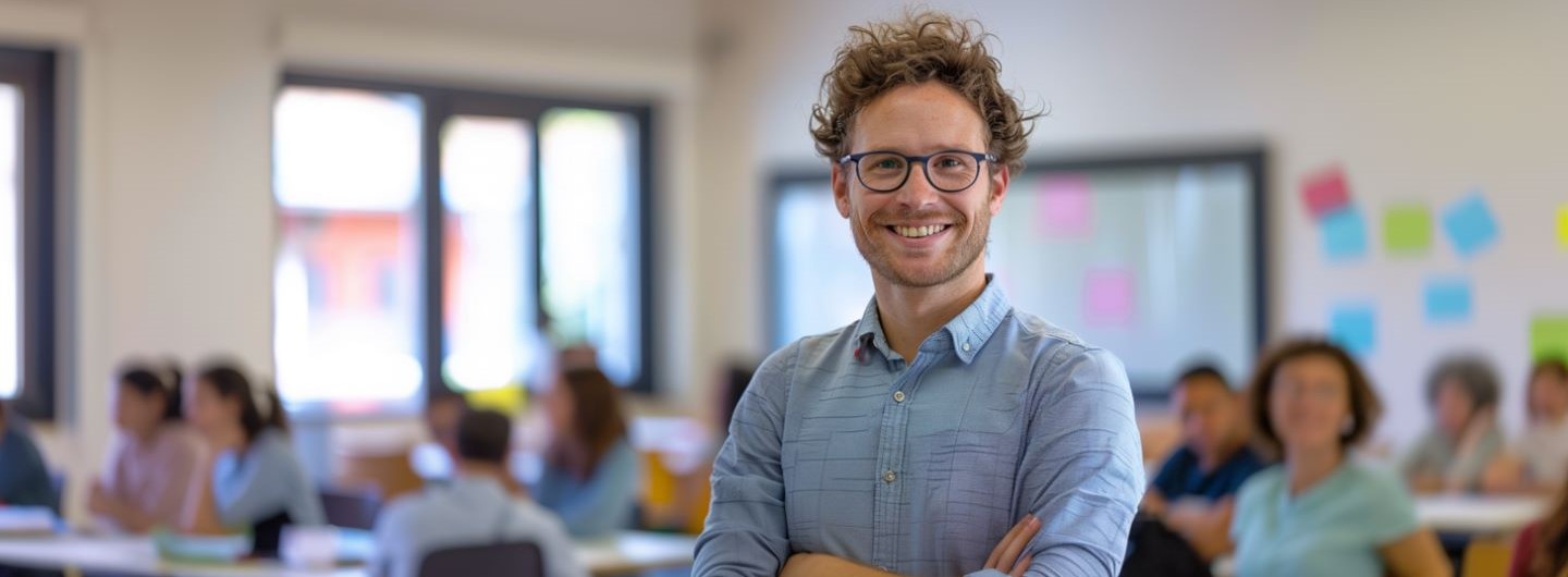 Erwachsenenbildung Studium: ein junger Dozent steht vor einer Klasse von Erwachsenen