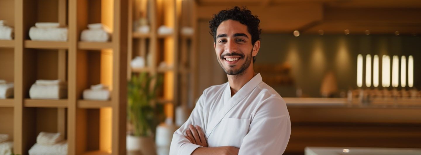 Fachpraktiker für Massage, Wellness und Prävention Weiterbildung: ein Masseur steht im Spa und lächelt in die Kamera