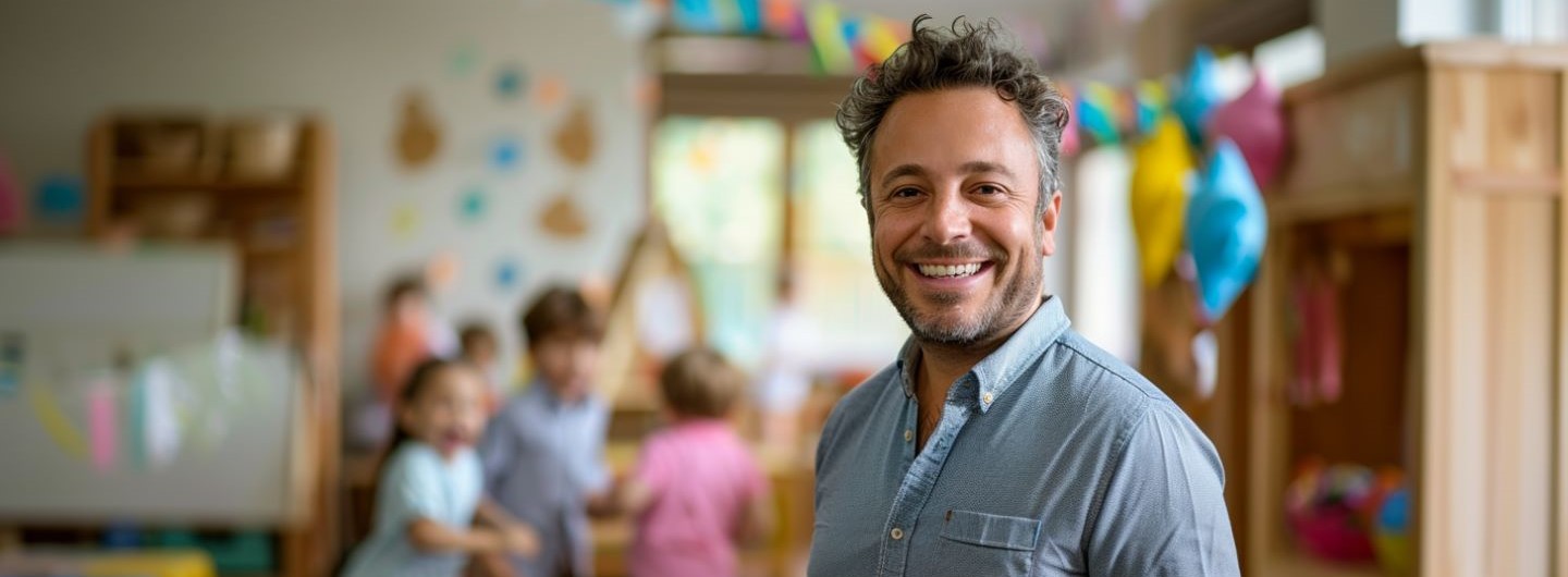 Fachwirt für Erziehungswesen Weiterbildung: ein Fachwirt für Erziehungswesen steht in einem Kindergarten, Kinder laufen im Hintergrund herum