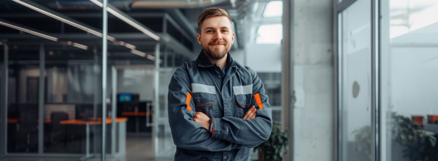 Facility Manager Weiterbildung: ein Facility Manager steht in einem Gebäude und lächelt in die Kamera