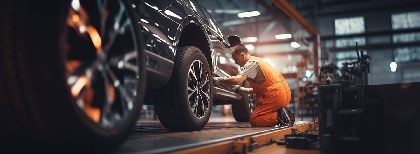 Fahrzeugtechnik Studium: Automechaniker wechselt die Reifen in einer Autowerkstatt