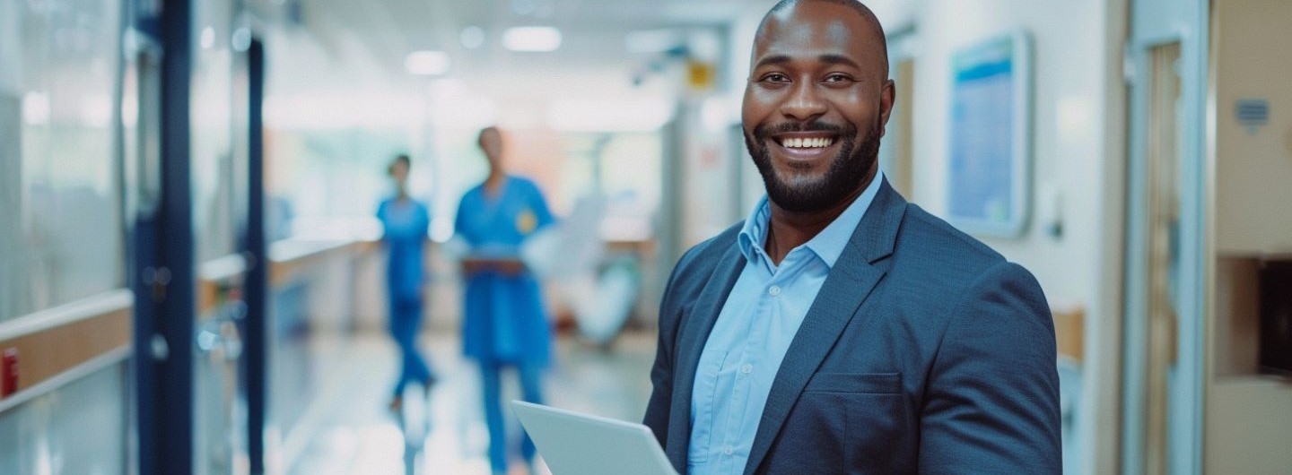 Fallmanager Gesundheitswesen Weiterbildung: ein Fallmanager im Gesundheitswesen steht auf dem Flur eines Krankenhauses mit einem Tablet in der Hand