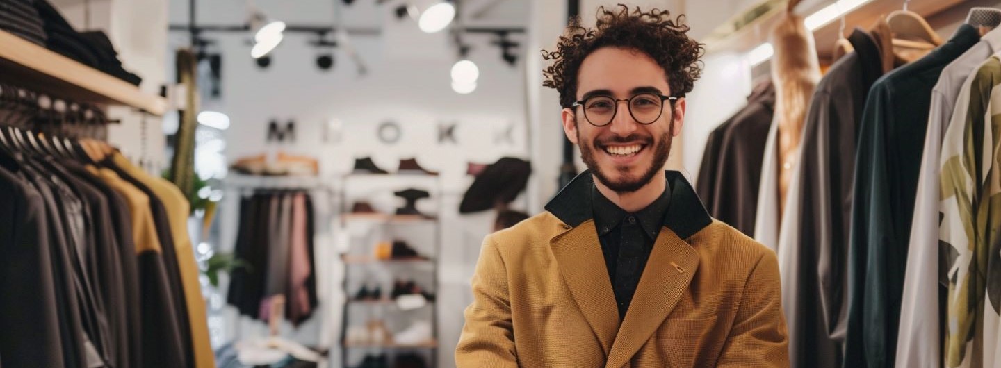 Fashion Management Weiterbildung: Männlicher Fashion Manager steht in einem Bekleidungsgeschäft