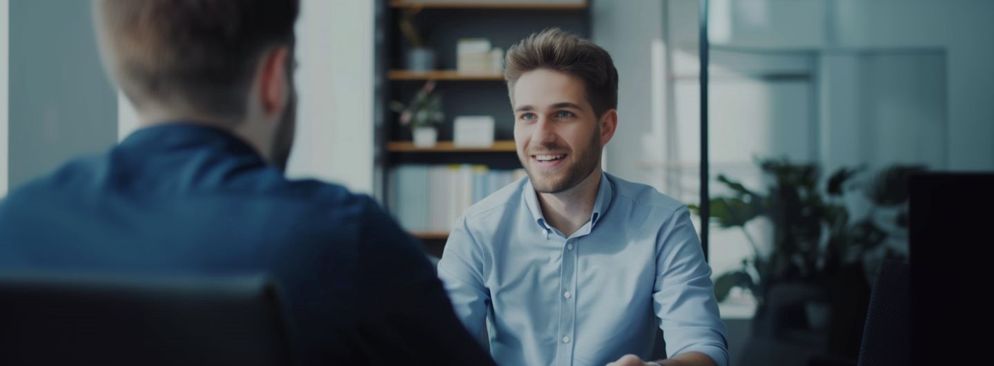 Feedback geben und annehmen Weiterbildung: Ein Chef gibt seinem Angestellten Feedback