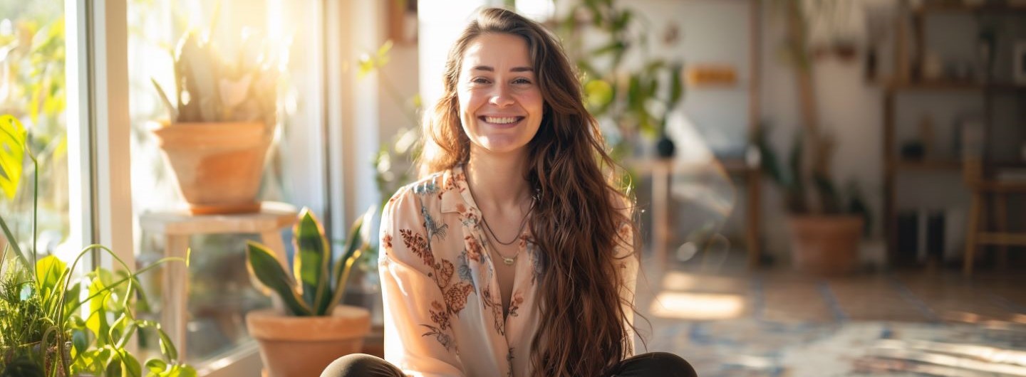 Feng Shui-Berater Ausbildung: eine junge Feng Shui-Beraterin sitzt im Schneidersitz in ihrer hellen und sonnigen Praxis