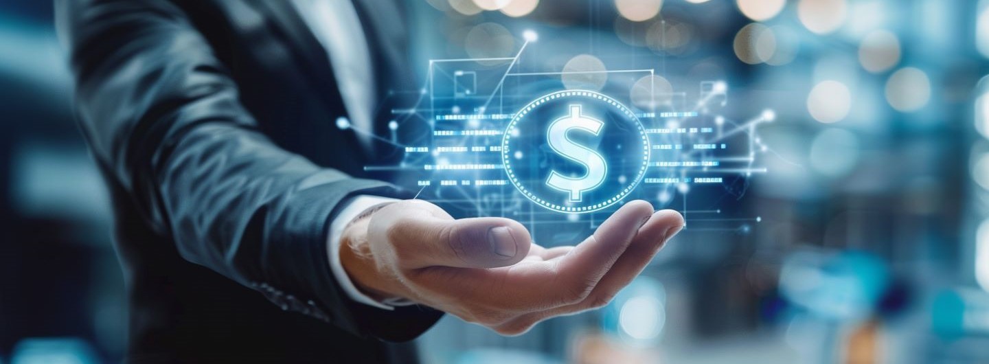 FinTech Studium: die Hand eines Businessmannes hält ein digitales Dollar-Zeichen