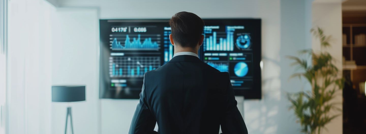 Future Industry Manager Weiterbildung: eine Future Industry Manager steht vor einem Bildschirm mit Statistiken darauf