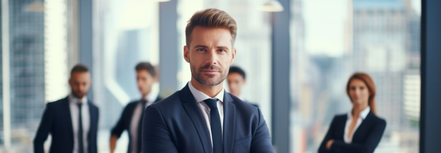 General Management Studium: Manager steht vor seinen Kollegen und blickt selbstsicher in die Kamera