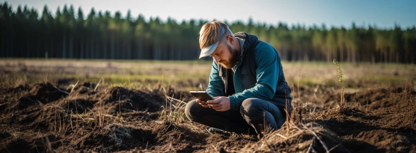 Geoökologie Studium: Junger Geoökologe prüft mit digitalem Werkzeug die Fruchtbarkeit eines Feldes