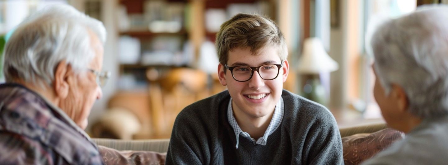 Gerontologie Studium: ein Student im Gespräch mit zwei älteren Personen
