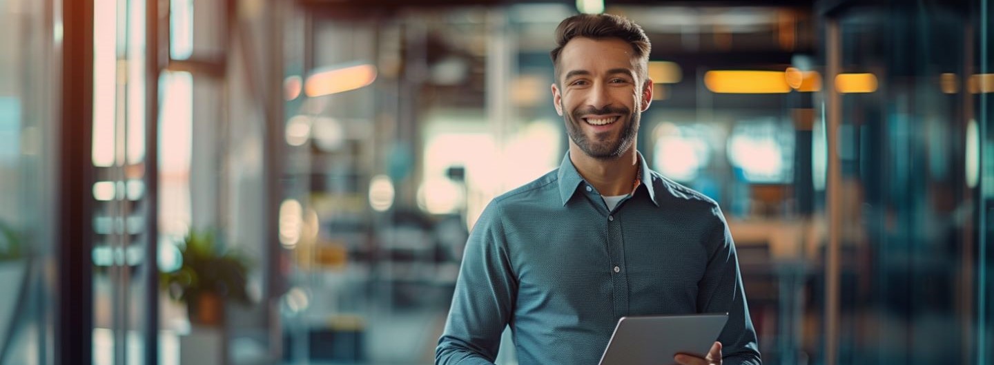 Google Ads Weiterbildung: ein Online Marketing Manager steht mit einem Tablet in der Hand im Büro und lächelt in die Kamera