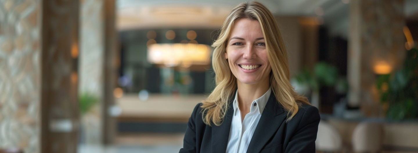 Hotel Manager Weiterbildung: Hotelmanagerin steht in der Lobby eines Hotels
