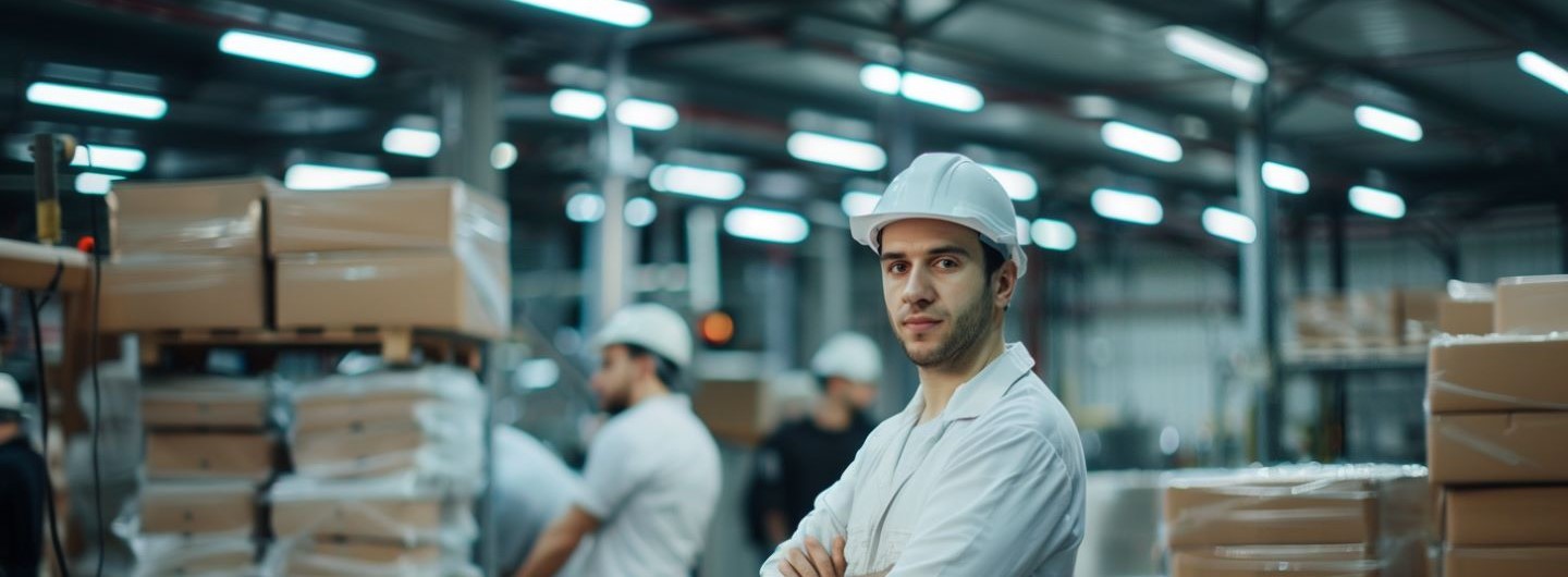 Mann steht in Arbeitsschutzkleidung in einer Produktionshalle