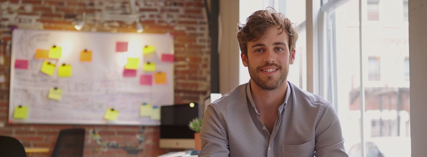 Influencer Marketing Expert Weiterbildung: Lächelnder Mann vor einem Whiteboard