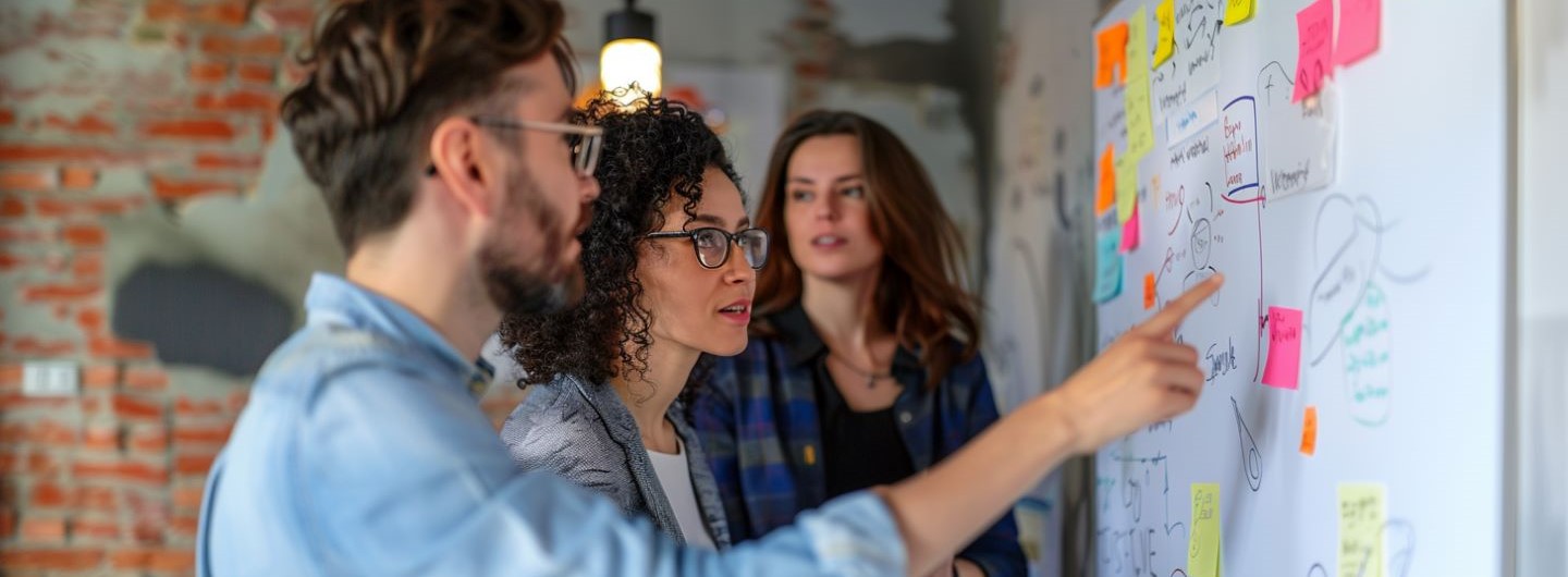 Instructional Design Weiterbildung: zwei Instructional Designer besprechen Pläne an einem Whiteboard