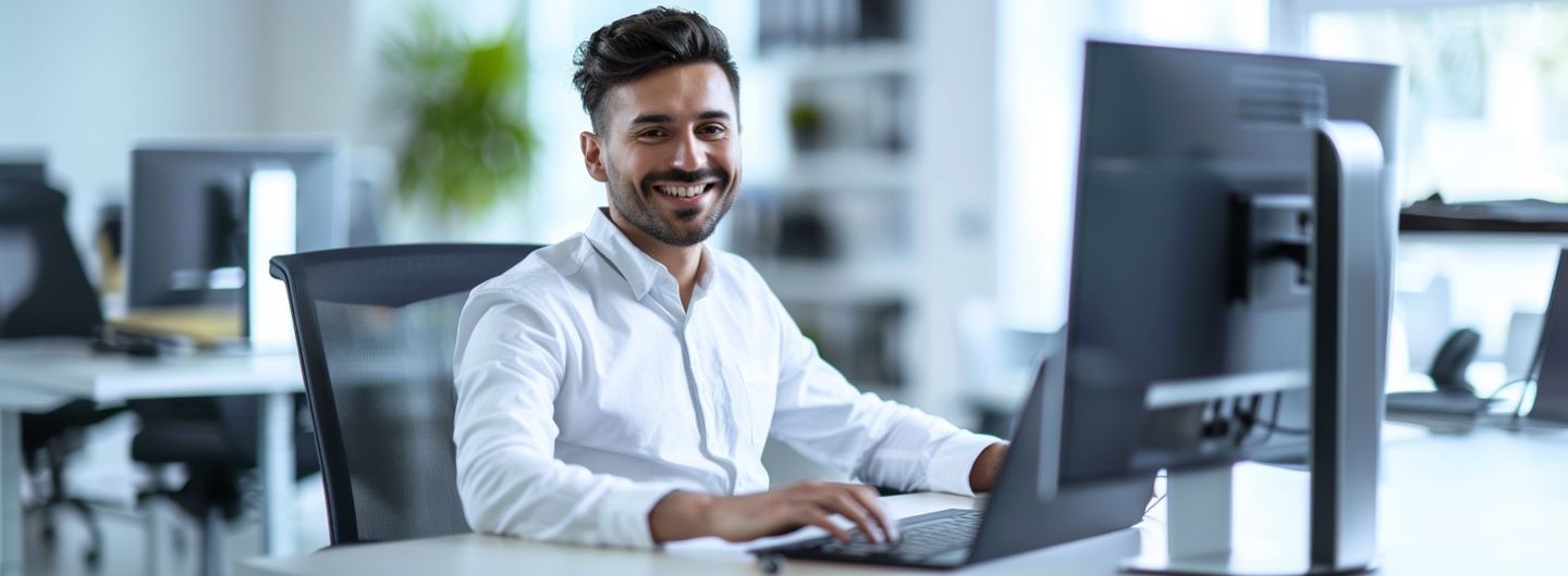 IT und Cyber Security Weiterbildung: ein IT-ler sitzt an seinem Laptop und lächelt in die Kamera