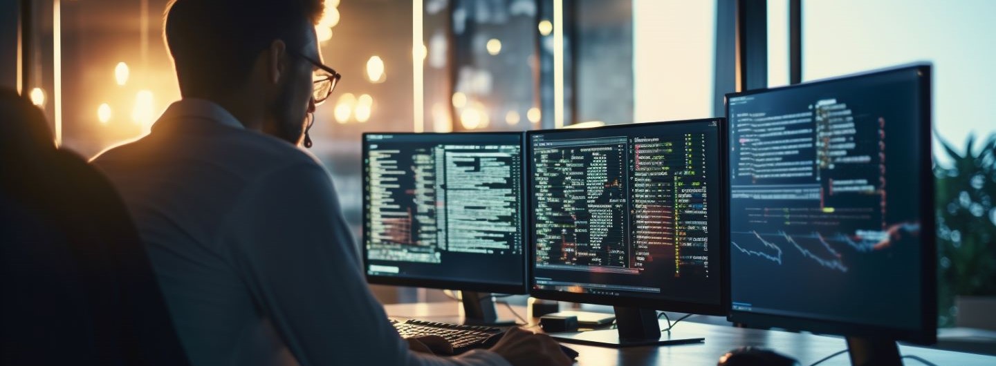 Programmierer erarbeitet ein Softwareprogramm an drei Bildschirmen