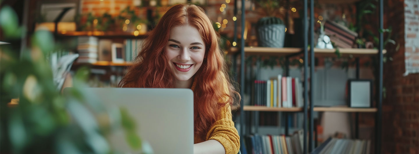 Kinder- und Jugendbuchautor Weiterbildung: eine junge Kinder- und Jugendbuchautorin lächelt über ihren Laptop hinweg in die Kamera