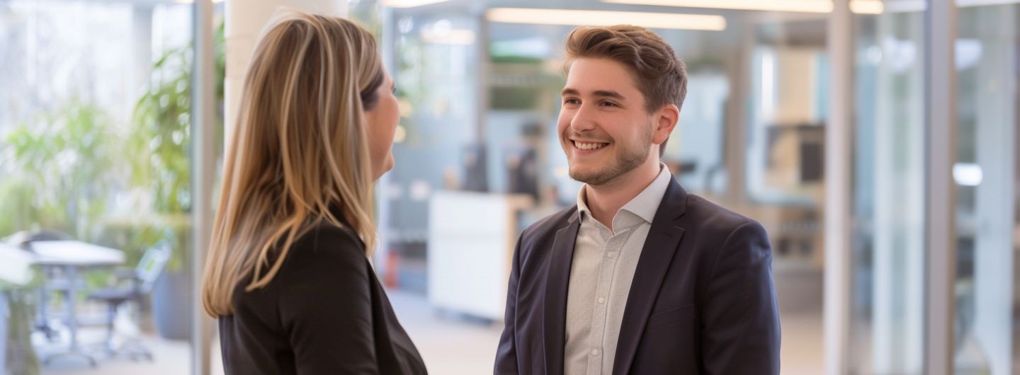 Knigge für Auszubildende Weiterbildung: ein Auszubildender spricht lächelnd mit einer Vorgesetzten