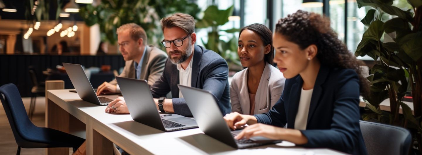 Krisenmanagement Studium: Vier junge Kollegen sitzen in einem modernen Büros an ihren Laptops und beratschlagen sich