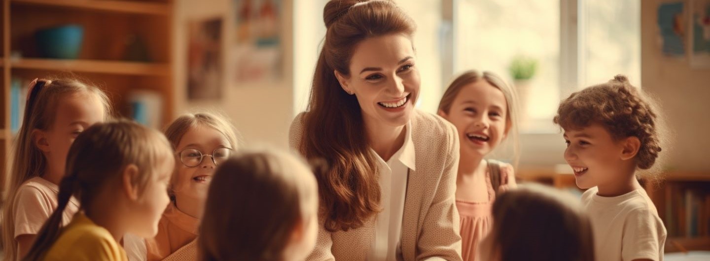 Kunstpädagogik Studium: Junge Kunstpädagogin unterrichtet lächelnd Kinder