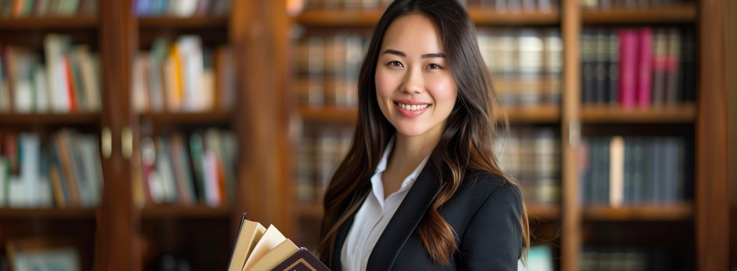 Law and Taxation Manager Weiterbildung: eine Law and Taxation Managerin steht mit einem Gesetzesbuch in der Hand in ihrem Büro